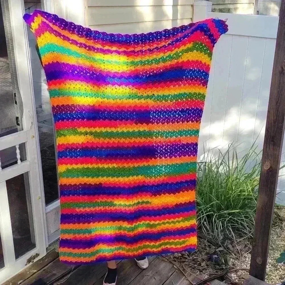 Rainbow Hand Knitted Blanket Crochet Red Orange Blue Green Yellow Teal Purple - Picture 1 of 3
